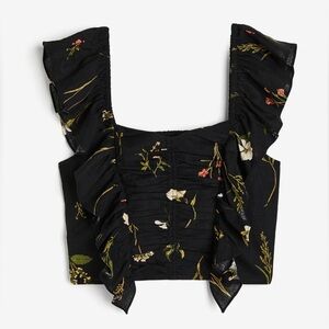 H&M Floral Ruffle Black Linen Crop Top Size Large